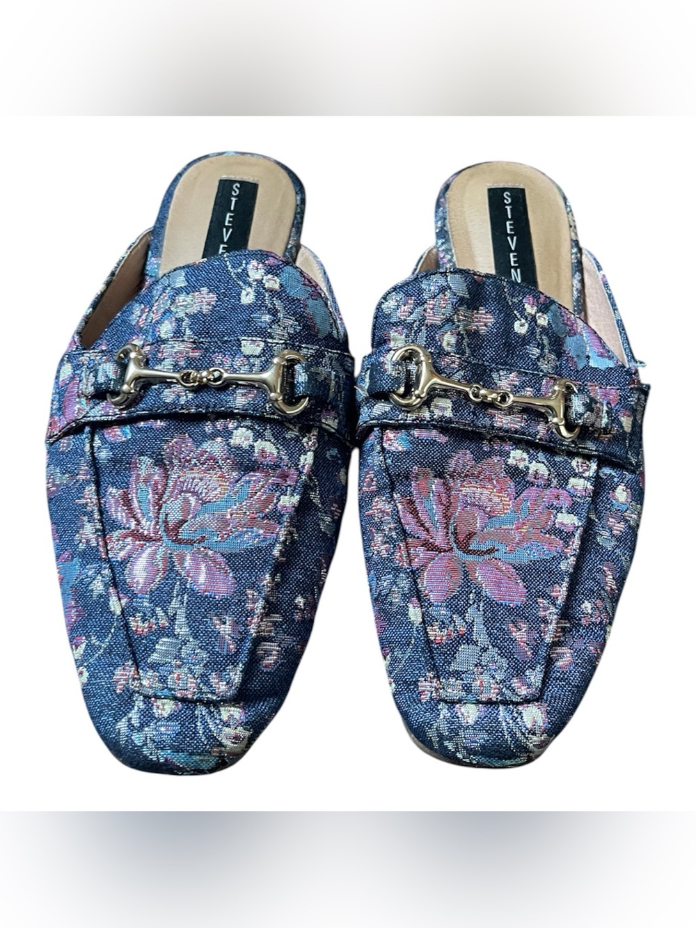 Steve Madden Royce Women's Floral Print Embroidery Square Toe Flat Denim Mules 8